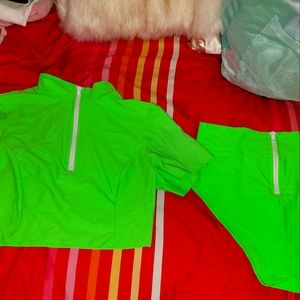 High waisted crop 2 piece neon green bathing suit